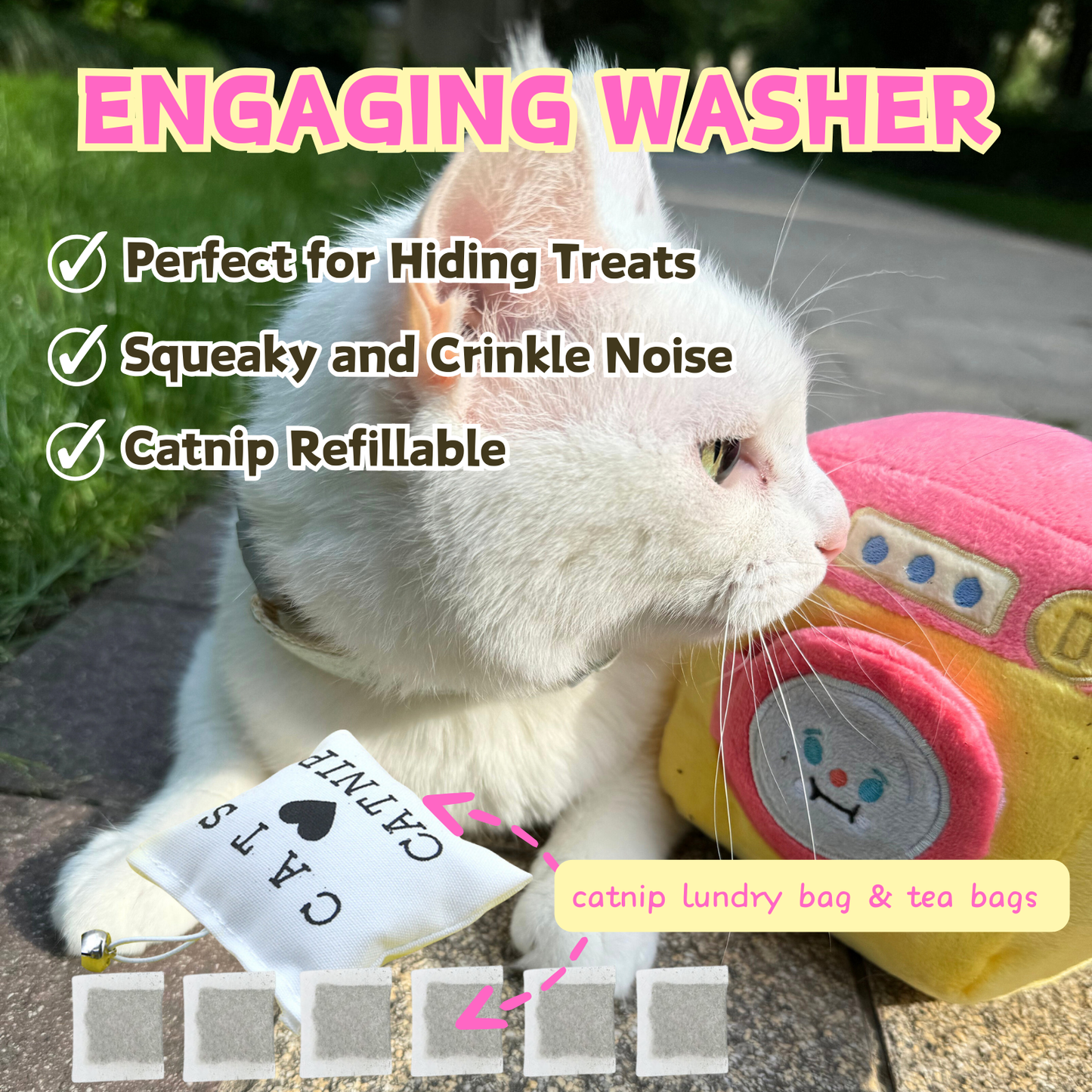 Washer-Themed Cat & Dog Toy | Plush Treat Puzzle with Catnip and Squeaky Sounds