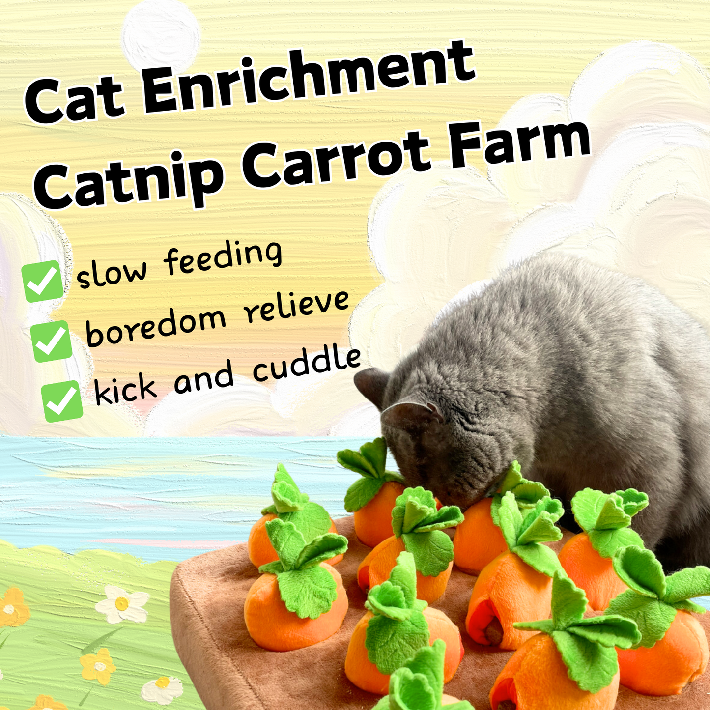 Carrot Garden Toy Set | 12 Refillable Catnip Carrots with Feather Pineapple & Catnip Tea Bags