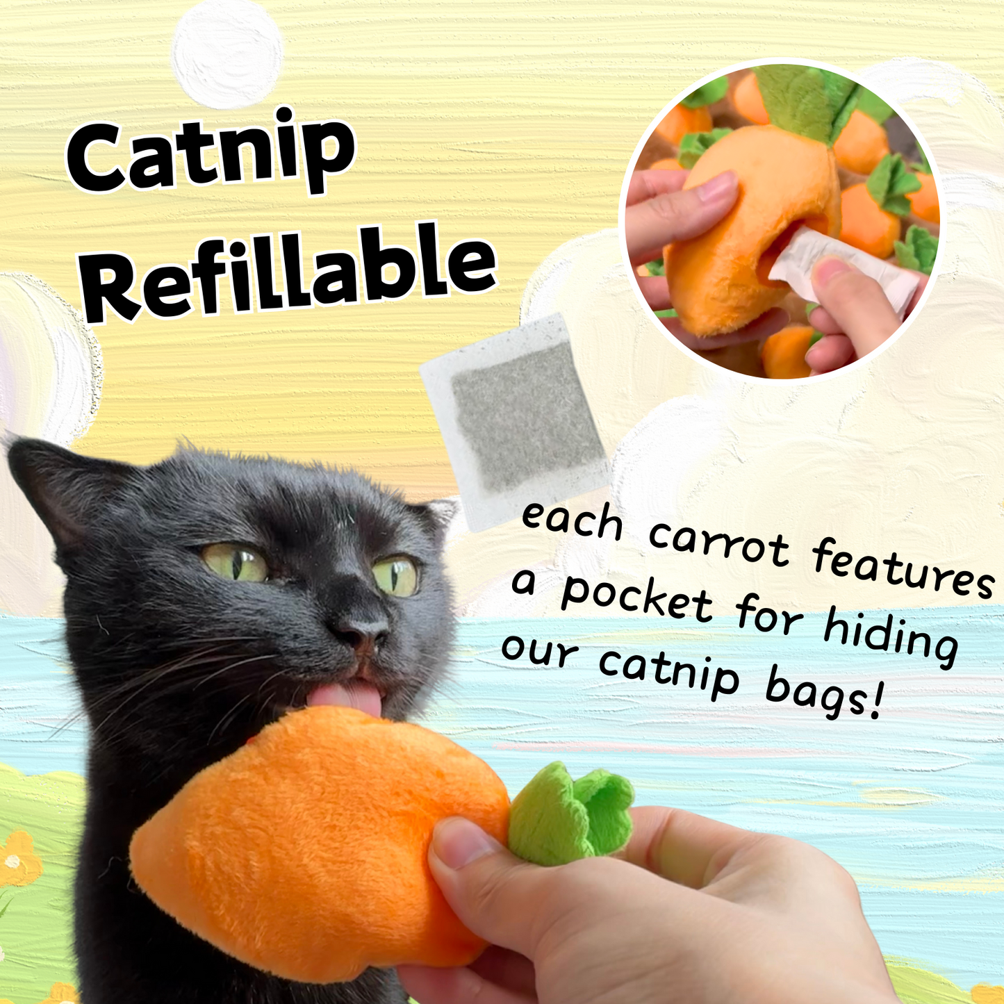 Carrot Garden Toy Set | 12 Refillable Catnip Carrots with Feather Pineapple & Catnip Tea Bags