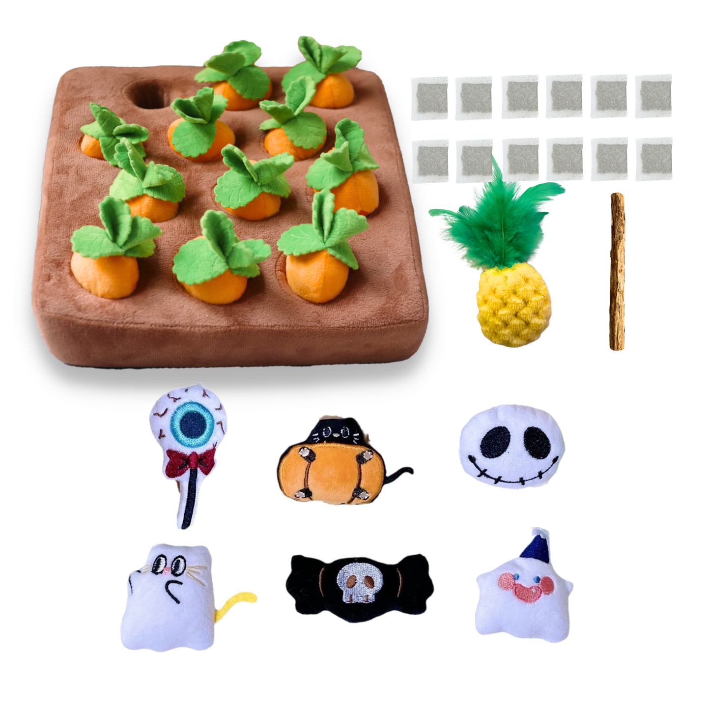 Carrot Garden Toy Set | 12 Refillable Catnip Carrots with Feather Pineapple & Catnip Tea Bags