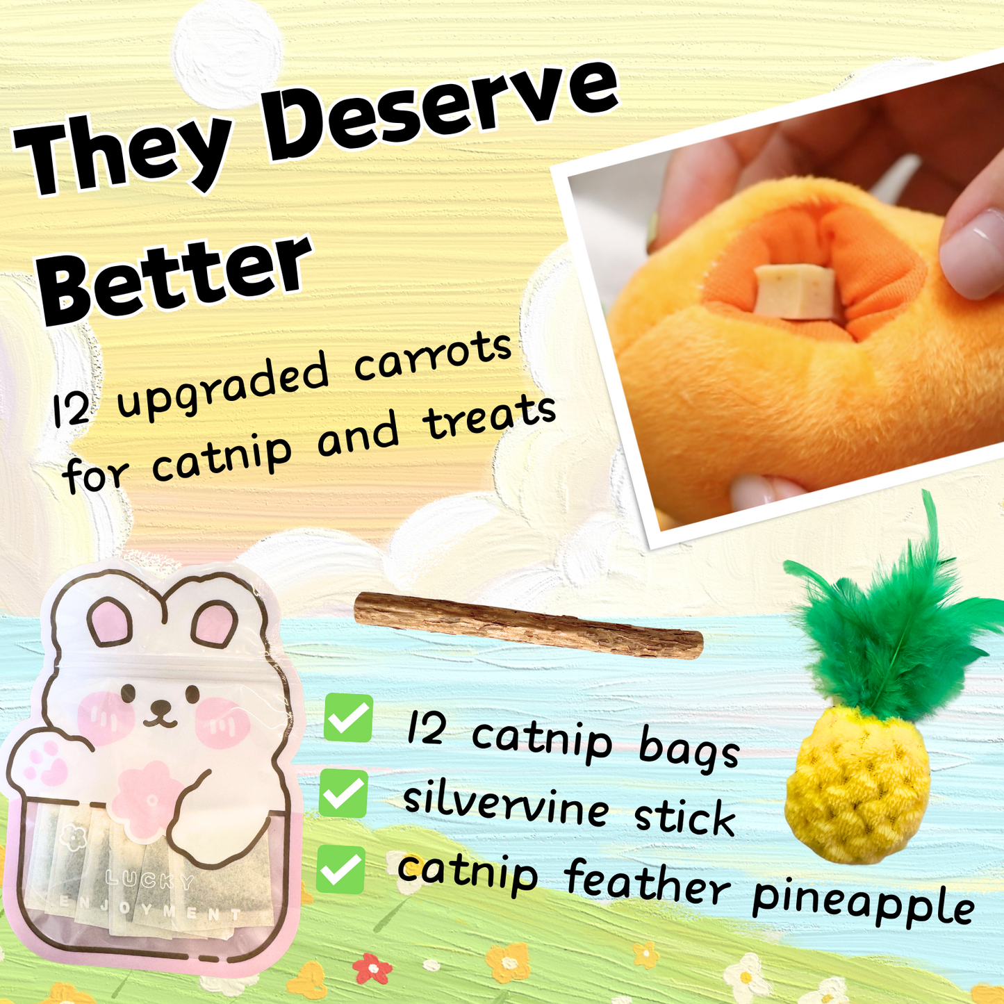 Carrot Garden Toy Set | 12 Refillable Catnip Carrots with Feather Pineapple & Catnip Tea Bags