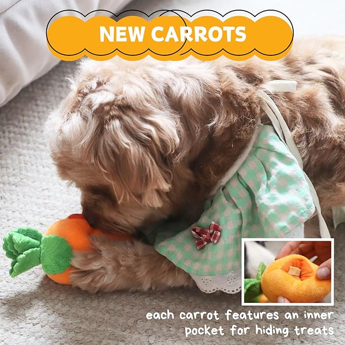 Carrot Puzzle Toy for Dogs | 12 Squeakable Treat-Hiding Carrots & Sponge Mat for Interactive Play"