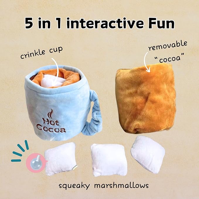 Cute Hot Cocoa Dog Toy Set | Interactive Squeaky Marshmallows & Crinkle Cup for Sniffing Fun
