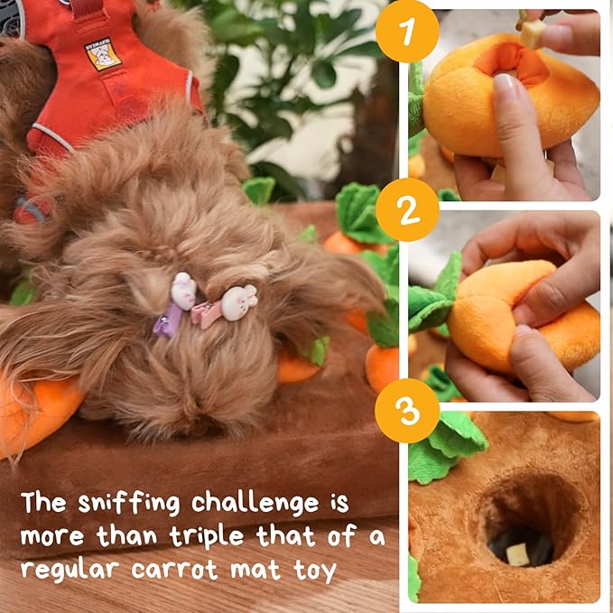 Carrot Puzzle Toy for Dogs | 12 Squeakable Treat-Hiding Carrots & Sponge Mat for Interactive Play"