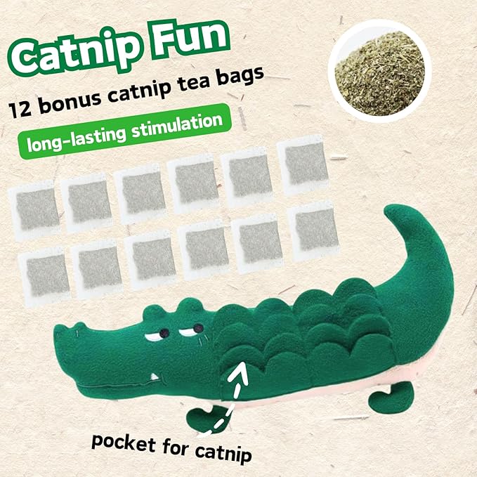 Catnip Cuddle & Kick Alligator Toy | Plush Treat Puzzle with Refillable Catnip Pockets