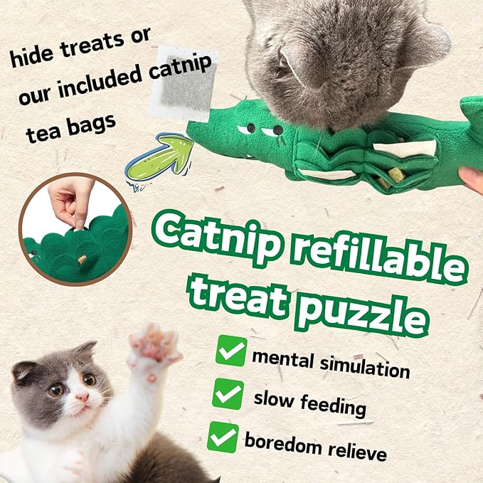Catnip Cuddle & Kick Alligator Toy | Plush Treat Puzzle with Refillable Catnip Pockets