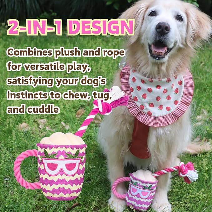 2-in-1 Plush Dog Toy with Rope - Interactive Chew Toy for Puppies, Small, Medium & Large Dogs | Cute Stuffed Rope Cup Design