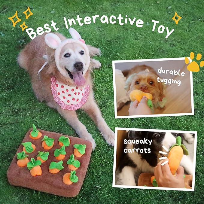 Carrot Puzzle Toy for Dogs | 12 Squeakable Treat-Hiding Carrots & Sponge Mat for Interactive Play"
