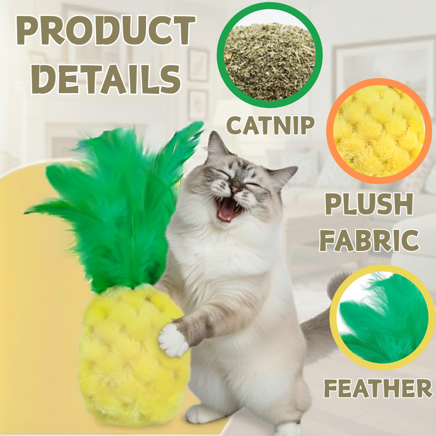 CECE PAW Pineapple Cat Toy – Plush Feather Catnip Toy for Indoor Cats & Kittens, Soft & Fun Kicker Toy for Stress Relief and Playtime