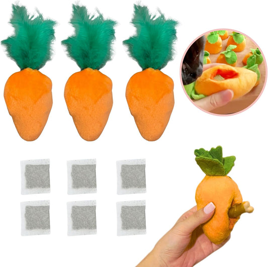 4 Pack Cat Carrot Feather Toy, Catnip Refillable Cat Toys, Cat Kicker Toy with Treat Pockets and 6 Catnip Pouches