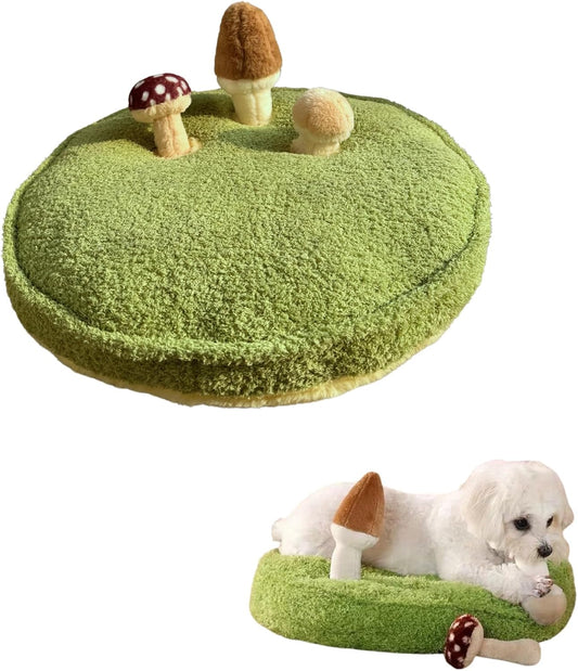 Mushroom Mat Pet Toy & Bed | Dog Snuffle Mat with 3 Crinkle Mushrooms for Treat Hiding | Soft Cushion for Cats, Small Dogs, & Owners | Washable Interactive Play & Cozy Rest