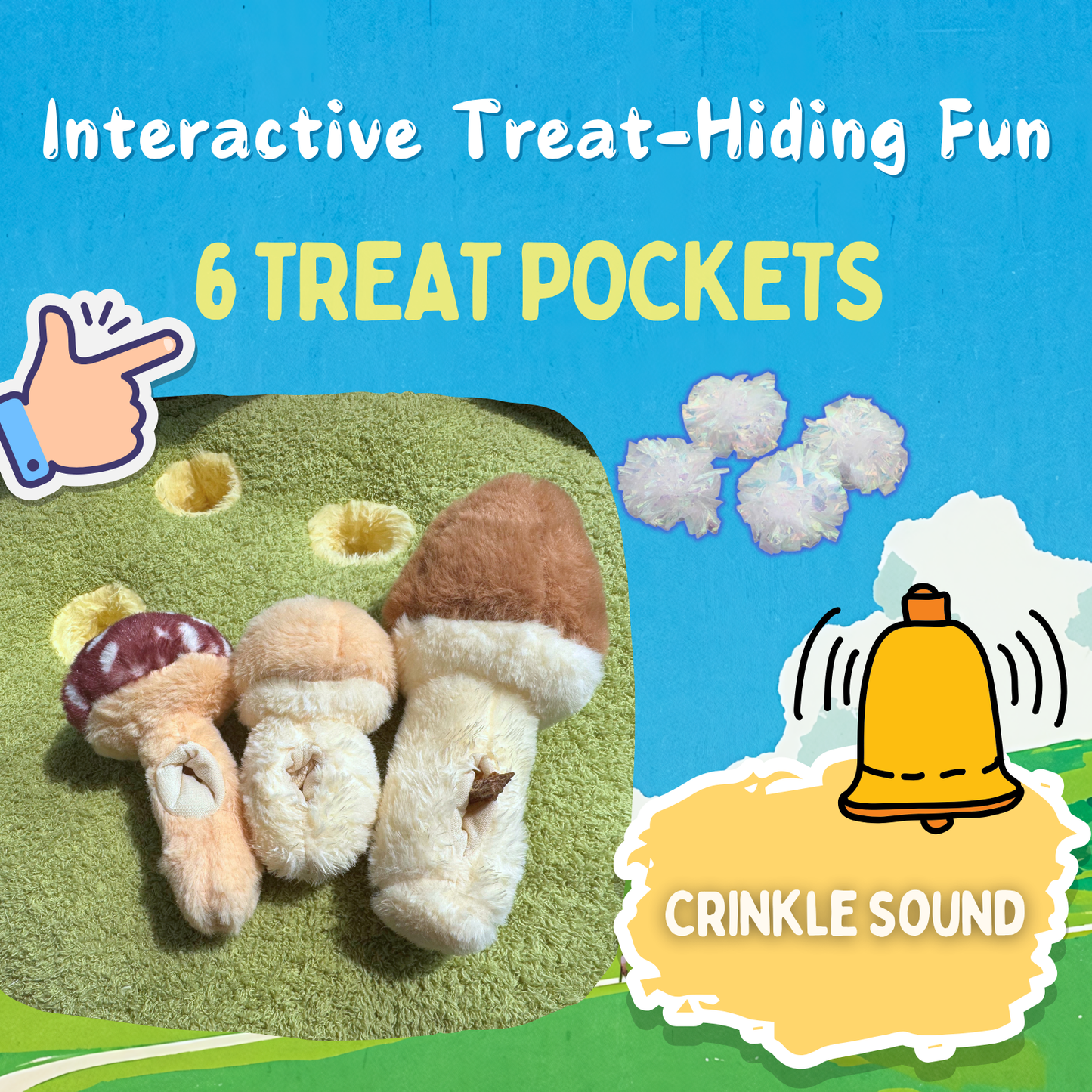 Mushroom Mat Pet Toy & Bed | Dog Snuffle Mat with 3 Crinkle Mushrooms for Treat Hiding | Soft Cushion for Cats, Small Dogs, & Owners | Washable Interactive Play & Cozy Rest