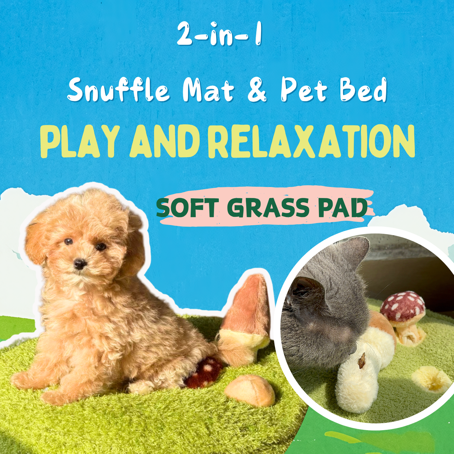 Mushroom Mat Pet Toy & Bed | Dog Snuffle Mat with 3 Crinkle Mushrooms for Treat Hiding | Soft Cushion for Cats, Small Dogs, & Owners | Washable Interactive Play & Cozy Rest